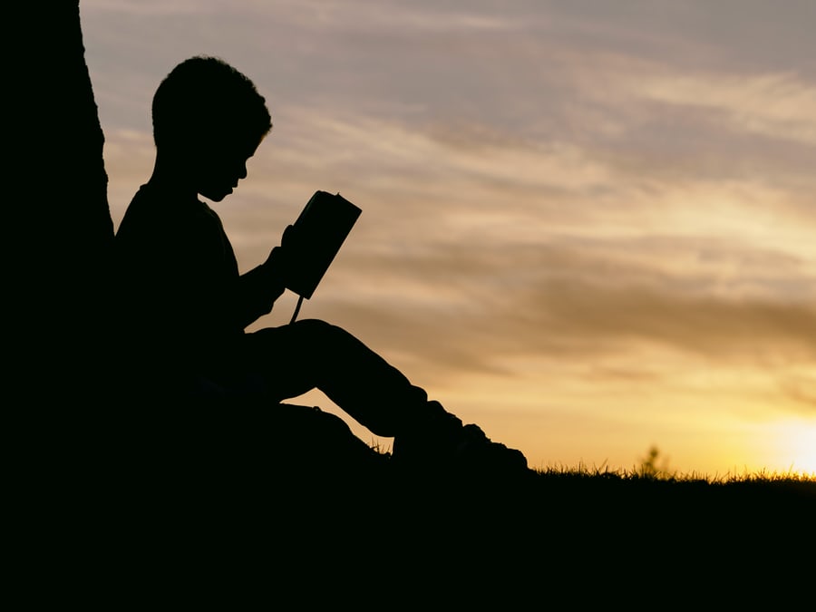 A person with dark hair and a sunset in the background