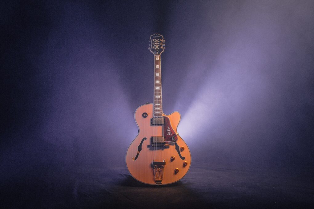 A close up of a guitar