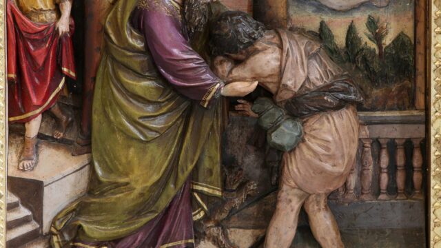 Return of the prodigal son, Relief on main altar in the church of Saint Matthew in Stitar, Croatia on November 24, 2015