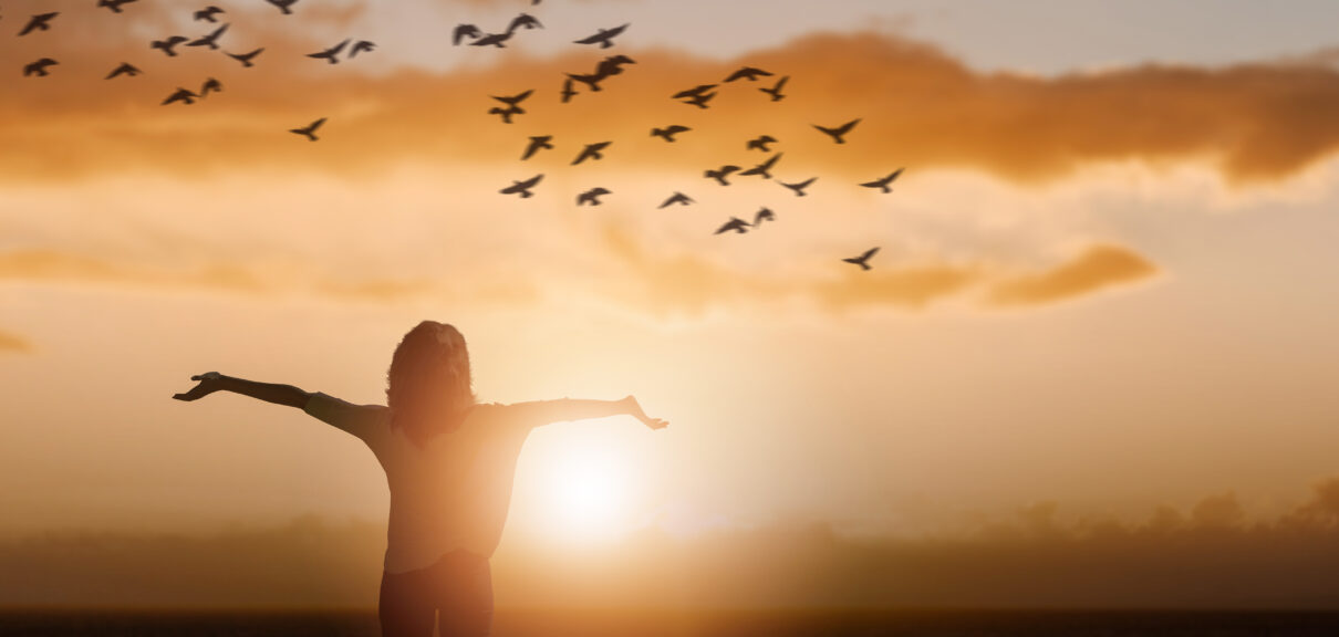 girl arms raise in sky birds sunset.
