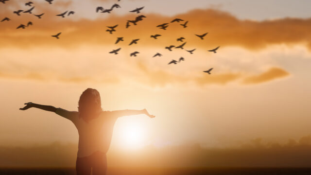 girl arms raise in sky birds sunset.