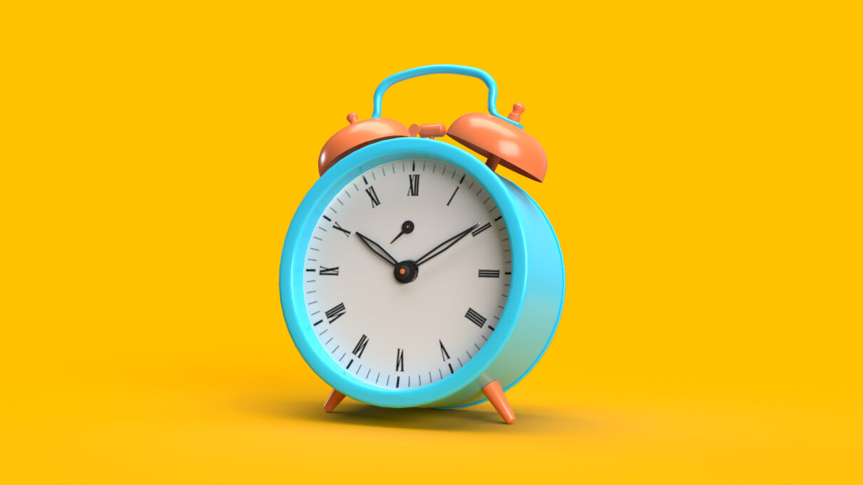 3d render alarm clock bright color scheme, cartoon on a yellow background, rising good morning blue orange yellow.